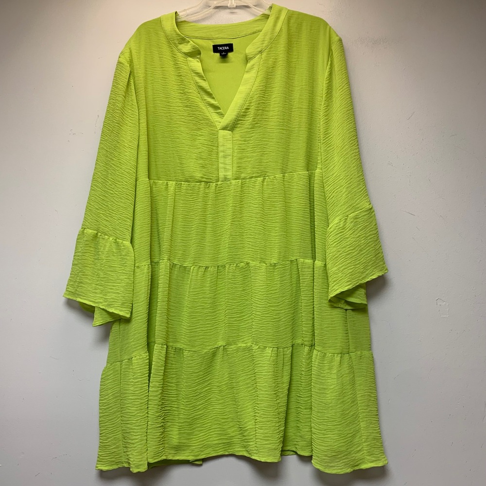 Tacera Tiered Mini Dress Womens L Lime Green Excellent Bell Sleeve 11921
